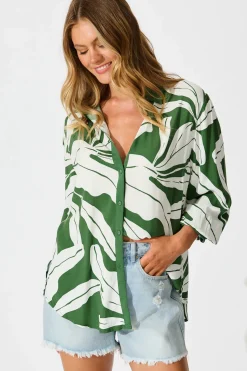 Hot Adila Shirt in Green with White Leaf Tops|Casual
