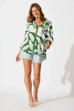 Hot Adila Shirt in Green with White Leaf Tops|Casual