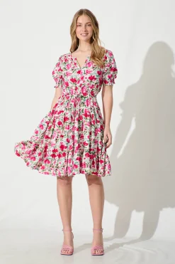 Fashion Adilah Dress in White with Pink and Green Floral Dresses|Casual