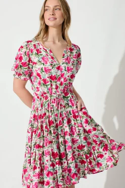 Fashion Adilah Dress in White with Pink and Green Floral Dresses|Casual