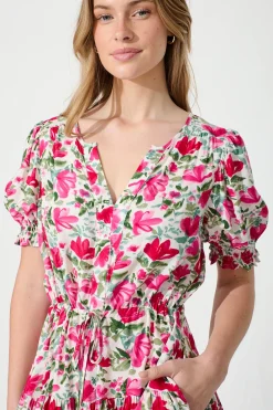 Fashion Adilah Dress in White with Pink and Green Floral Dresses|Casual
