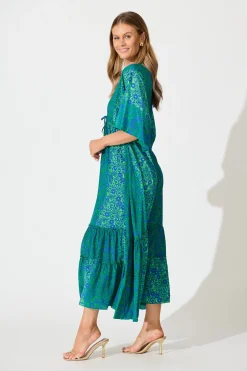 New Admire You Maxi Dress in Green with Blue Floral Dresses|Casual