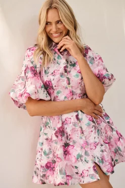 Sale Admirer Shirt Dress in Multi Pink Floral Organza Dresses|Party