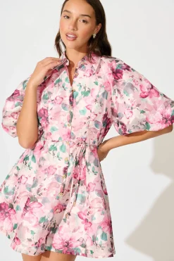 Sale Admirer Shirt Dress in Multi Pink Floral Organza Dresses|Party