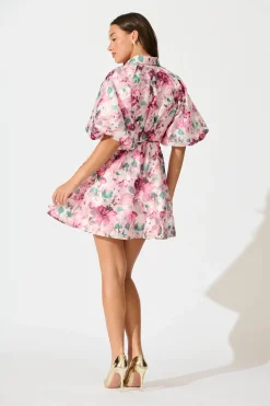 Sale Admirer Shirt Dress in Multi Pink Floral Organza Dresses|Party