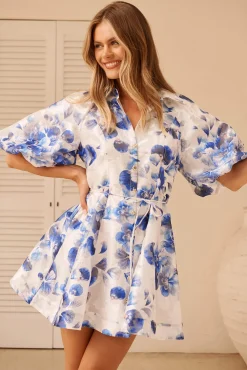 Fashion Admirer Shirt Dress in White with Blue Floral Organza Dresses|Party