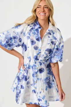 Fashion Admirer Shirt Dress in White with Blue Floral Organza Dresses|Party