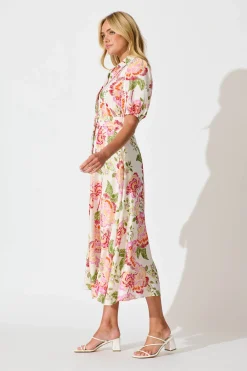 Fashion Adore Maxi Shirt Dress in Cream with Multi Floral Wedding Guest