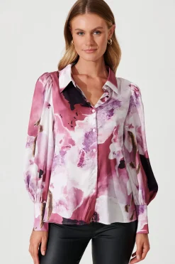 Best Afternoon Shirt In Pink With Purple Watercolour Satin Tops|Casual