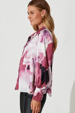 Best Afternoon Shirt In Pink With Purple Watercolour Satin Tops|Casual