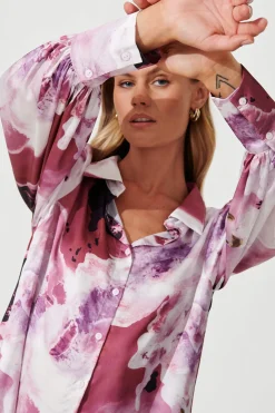 Best Afternoon Shirt In Pink With Purple Watercolour Satin Tops|Casual