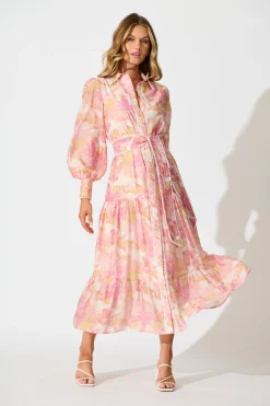 New Alaina Maxi Shirt Dress in Pink Floral With White Lace Trim Dresses|Party