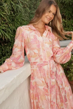 New Alaina Maxi Shirt Dress in Pink Floral With White Lace Trim Dresses|Party