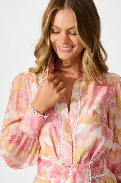 New Alaina Maxi Shirt Dress in Pink Floral With White Lace Trim Dresses|Party