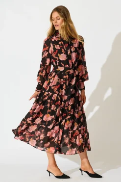 Online Alaina Maxi Shirt Dress in Black Floral with Black Lace Trim Dresses|Party