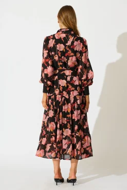 Online Alaina Maxi Shirt Dress in Black Floral with Black Lace Trim Dresses|Party