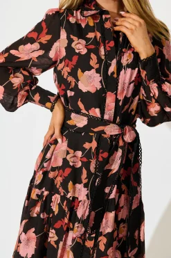 Online Alaina Maxi Shirt Dress in Black Floral with Black Lace Trim Dresses|Party