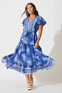 Fashion Alice Maxi Dress in Blue with White Floral Dresses|Casual