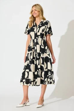 Sale Allara Midi Shirt Dress in Black with Cream Geometric Print Dresses|Casual