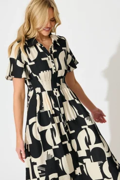 Sale Allara Midi Shirt Dress in Black with Cream Geometric Print Dresses|Casual