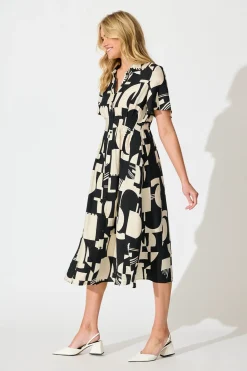 Sale Allara Midi Shirt Dress in Black with Cream Geometric Print Dresses|Casual