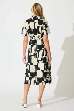 Sale Allara Midi Shirt Dress in Black with Cream Geometric Print Dresses|Casual