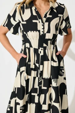 Sale Allara Midi Shirt Dress in Black with Cream Geometric Print Dresses|Casual