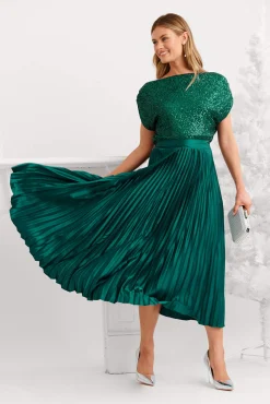 Hot Allison Midi Pleat Skirt In Emerald Satin Bottoms|Skirts & Shorts