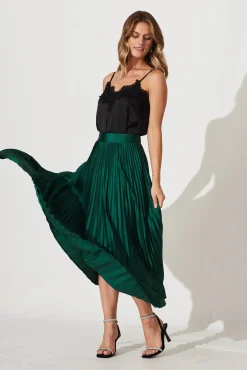 Hot Allison Midi Pleat Skirt In Emerald Satin Bottoms|Skirts & Shorts