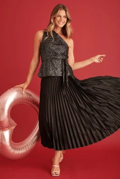 Fashion Allison Midi Pleat Skirt In Black Satin Bottoms|Skirts & Shorts