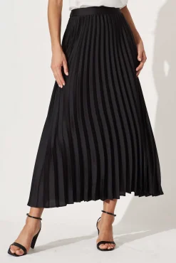 Fashion Allison Midi Pleat Skirt In Black Satin Bottoms|Skirts & Shorts