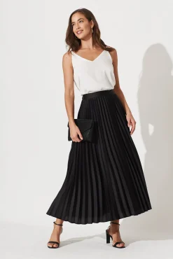 Fashion Allison Midi Pleat Skirt In Black Satin Bottoms|Skirts & Shorts