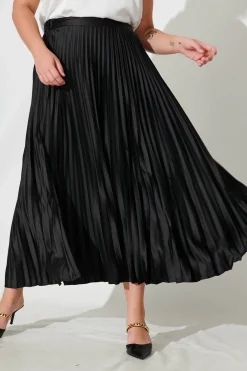 Fashion Allison Midi Pleat Skirt In Black Satin Bottoms|Skirts & Shorts