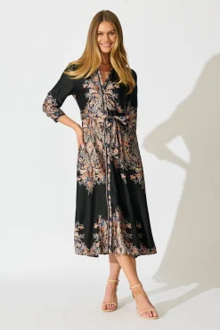 Discount Alvana Midi Shirt Dress in Black and Multi Print Satin Dresses|Party