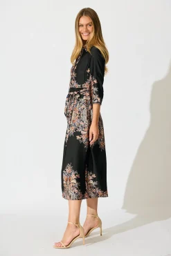 Discount Alvana Midi Shirt Dress in Black and Multi Print Satin Dresses|Party