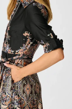 Discount Alvana Midi Shirt Dress in Black and Multi Print Satin Dresses|Party