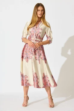 Clearance Alvana Midi Shirt Dress in Cream and Pink Print Satin Dresses|Party