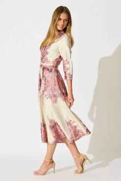 Clearance Alvana Midi Shirt Dress in Cream and Pink Print Satin Dresses|Party