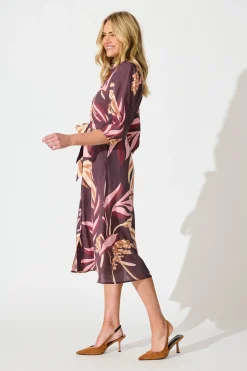 Clearance Alvia Midi Shirt Dress in Plum with Multi Floral Print Dresses|Casual