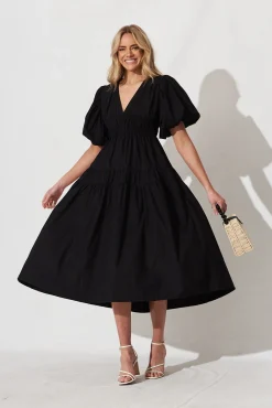 New Amalie Midi Dress In Black Cotton Dresses|Casual