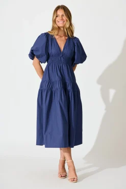 Clearance Amalie Midi Dress In Navy Cotton Dresses|Casual