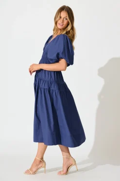 Clearance Amalie Midi Dress In Navy Cotton Dresses|Casual