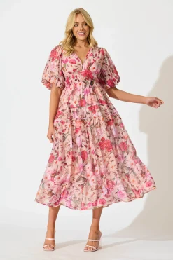 New Amalie Midi Dress In Vintage Blush Floral Print Dresses|Casual