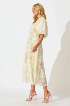 Fashion Amalie Midi Dress In White with Pastel Multi Floral Dresses|Casual