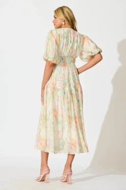 Fashion Amalie Midi Dress In White with Pastel Multi Floral Dresses|Casual