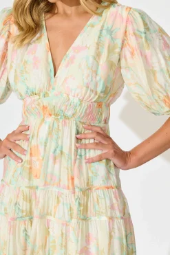 Fashion Amalie Midi Dress In White with Pastel Multi Floral Dresses|Casual