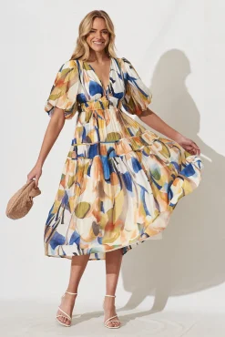 Online Amalie Midi Dress In White With Multi Print Dresses|Casual