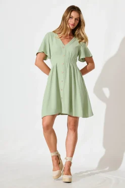 New Amaya Dress in Pale Green Linen Blend Dresses|Casual