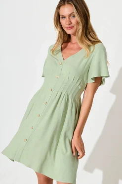 New Amaya Dress in Pale Green Linen Blend Dresses|Casual