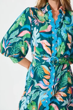 New Amico Dress in Teal with Multi Leaf Print Dresses|Casual